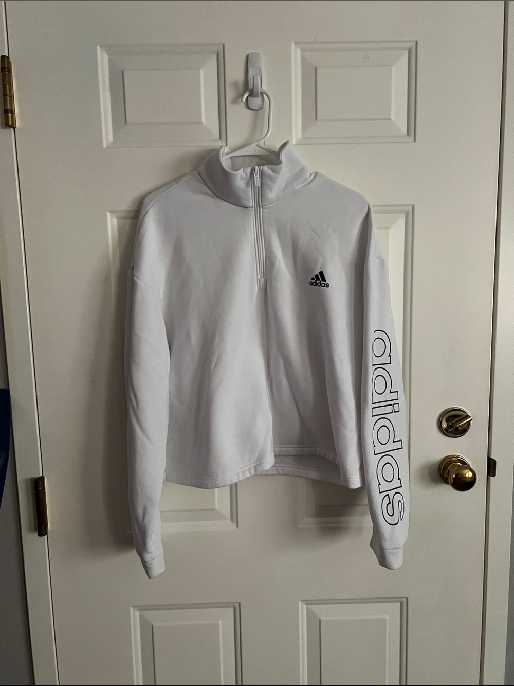 adidas White Half-Zip Pullover with Sleeve Script